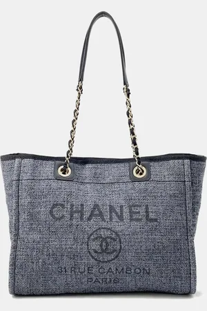 CHANEL Deauville Chain tote Bag Gray Raffia Leather Size Mm
