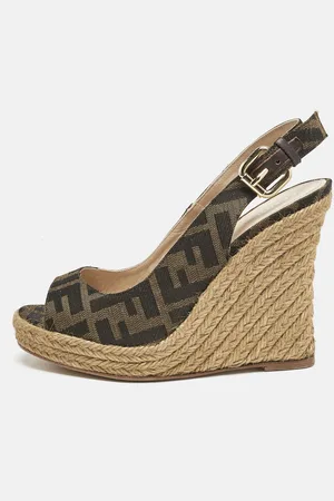 Fendi Canvas FF Slingback Wedge Sandals Size 36