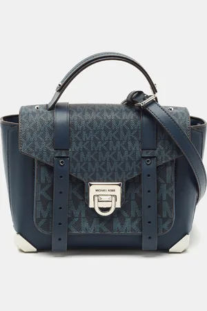 Michael Kors Navy Signature Coated Canvas Medium Manhattan Top Handle Bag