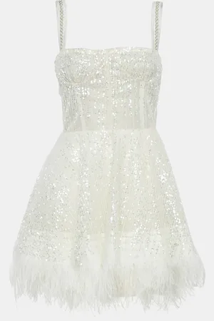Bronx and Banco Sequin Tulle Feather Trim Mademoiselle Bridal Mini Dress S