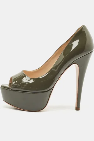 Prada Olive Patent Leather Peep Toe Platform Pumps Size 36.5