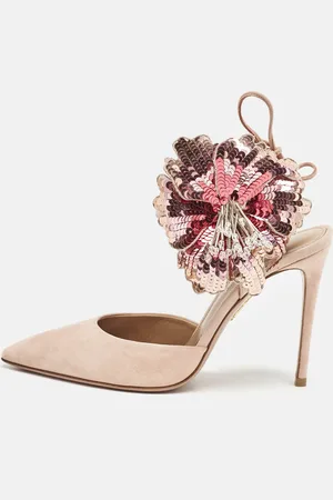 Aquazzura Suede Disco Flower Embellished Ankle Tie Sandals Size 36.5