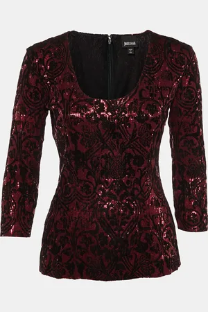 Roberto Cavalli Pink Flock Print Sequined Scoop Neck Top M
