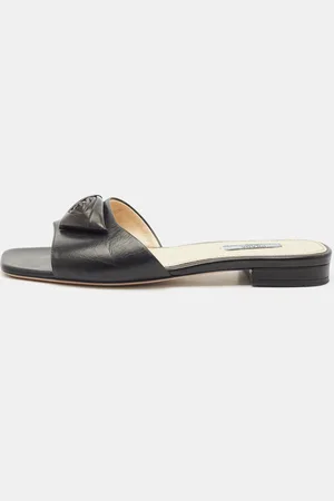 Prada Leather Triangle Flower Flat Slide Sandals Size 40