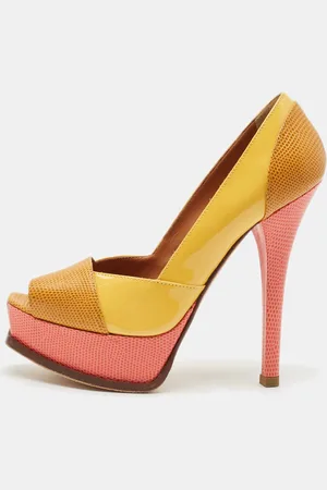 Fendi /Pink Patent and Lizard Embossed Leather sta Peep Toe Platform Pumps Size 37.5
