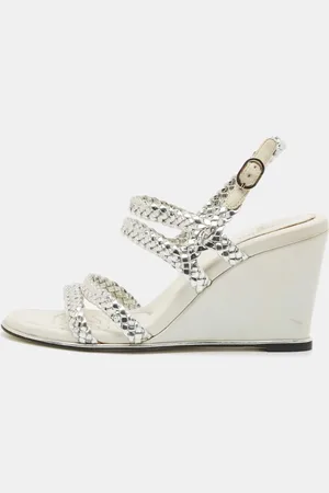 CHANEL Woven Leather Ankle Strap Wedge Sandals Size 36.5