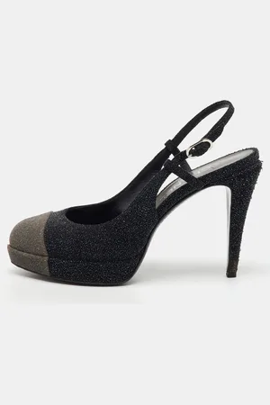 CHANEL /Grey Glitter CC Cap Toe Slingback Platform Pumps Size 39.5