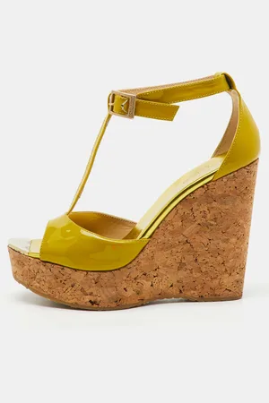 Jimmy Choo Lime Patent Leather Pania Cork Wedge T Strap Sandals Size 39.5