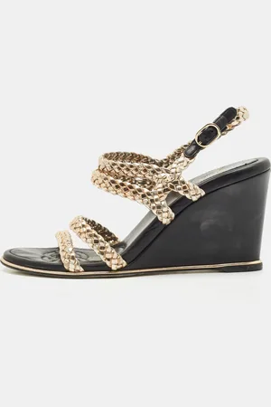 CHANEL Woven Leather Ankle Strap Wedge Sandals Size 37.5