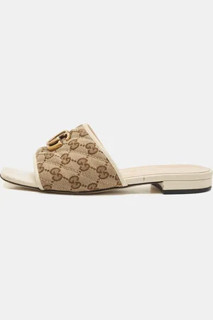 Gucci /Cream GG Canvas and Leather GG Marmont Flat Slides Size 37.5