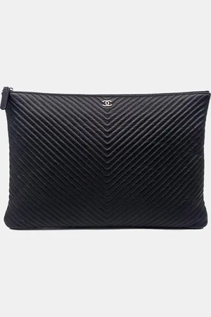 CHANEL Leather Caviar Chevron Large Clutch