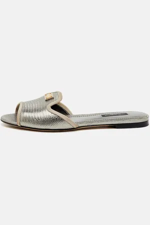 Dolce & Gabbana Iguana Laminated Leather Flat Slide Sandals Size 36.5