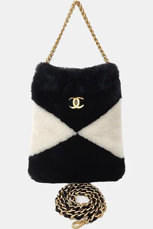 CHANEL Black Fur shearling tote and shoulder bag