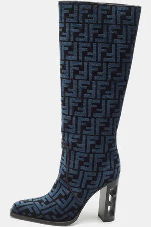 Fendi /Black FF Chenille Jacquard Knee Length Boots Size 37.5