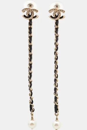 CHANEL CC Faux Pearl Leather Gold Tone Long Earrings