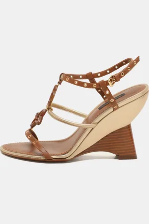 LOUIS VUITTON Leather Eyelet T-Strap Wedge Sandals Size 38.5