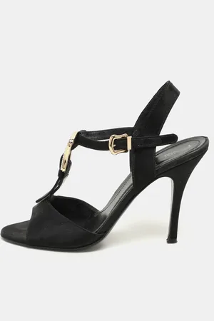 Fendi Satin Crystal Embellished Buckle T-Strap Sandals Size 37.5