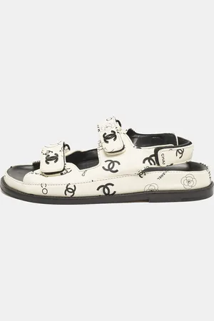 CHANEL /Black Printed Leather CC Dad Velcro Flat Sandals Size 38