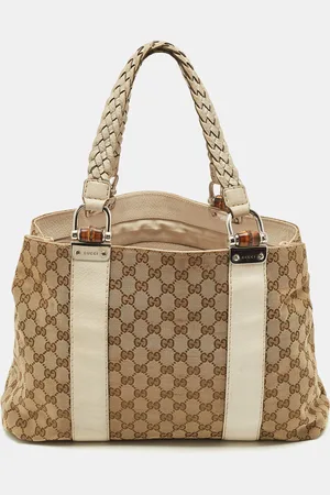 Gucci Off /beige GG Canvas Medium Bamboo Bar Tote