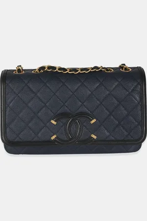 CHANEL Navy Black Quilted Caviar Medium CC Filigree Flap Handbag