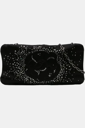 CHANEL Satin Diamante Camellia Clutch with Chain