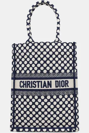 Dior White/Navy Canvas Vertical Book Dot Tote