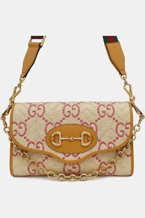 Gucci /Yellow Raffia Leather Horsebit Shoulder Bag