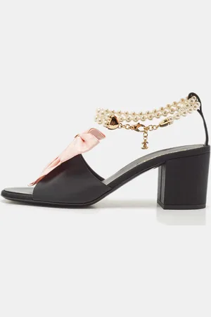 CHANEL /Pink Canvas CC Bow and Pearl Embellished Ankle Strap Sandals Size 39