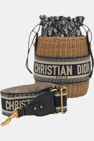 Dior Christian Navy Canvas Rattan Oblique Wicker Shoulder Bag