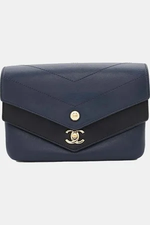 CHANEL Navy Sheepskin Chevron Quilted Double Chevron Bag