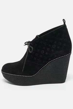 LOUIS VUITTON Monogram Suede Wedge Ankle Boots Size 38