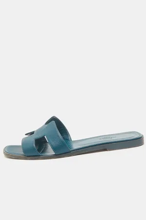 Hermès Teal Leather Oran Flat Slides Size 39.5