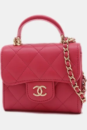 CHANEL Lambskin Leather Top Handle Flap Chain Clutch Bag