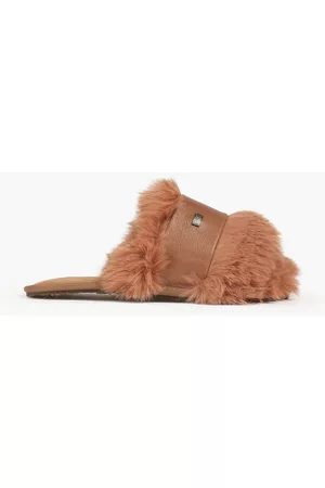 Australia Luxe Collective Women Flip Flops - Muchas leather and faux fur slides - Brown