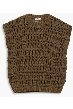 Brunello Cucinelli Women Open-knit cotton-blend sweater - Brown