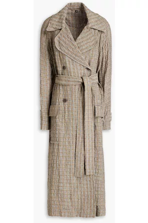 McQ Women Trench Coats - Gingham crinkled linen and cotton-blend gauze trench coat