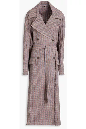 McQ Women Trench Coats - Gingham crinkled linen and cotton-blend trench coat - Pink