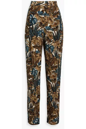 Salvatore Ferragamo Women Pants - Pleated printed silk crepe de chine tapered pants - Brown