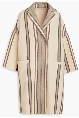 Brunello Cucinelli Women Coats - Brushed striped wool and cashmere-blend felt coat - Neutral