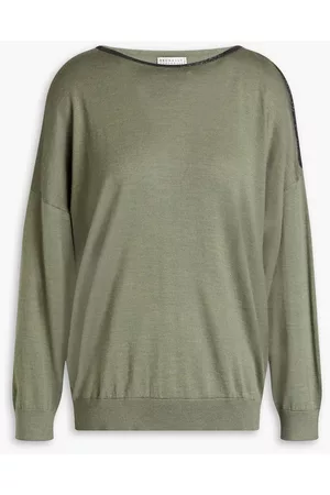 Brunello Cucinelli Women Bead-embellished cutout cashmere and silk-blend sweater - Green