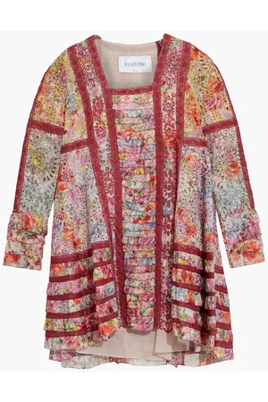 VALENTINO Women Printed Dresses - Tiered floral-print broderie anglaise cotton mini dress - Burgundy