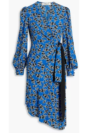 Diane von Furstenberg Women Asymmetrical Dresses - Evania asymmetric printed crepe wrap dress - Blue
