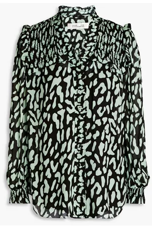 Diane von Furstenberg Women Blouses - Gian Carlo shirred leopard-print georgette blouse - Green
