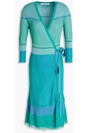 Diane von Furstenberg Women Knitted Dresses - Lyric frayed striped ribbed-knit wrap dress - Blue