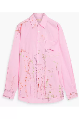 Marni Women Tops - Embroidered distressed cotton-poplin shirt - Pink