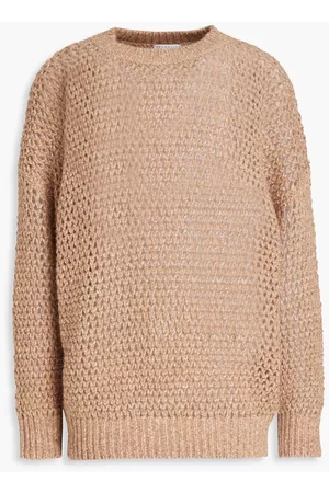 Brunello Cucinelli Women Metallic crochet-knit wool-blend sweater - Brown