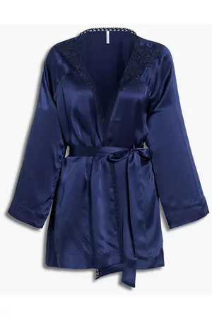 Simone Pérèle Women Bathrobes - Belted crocheted lace-trimmed silk-blend satin robe - Blue