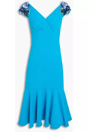 Badgley Mischka Women Printed Dresses - Fluted floral-appliquéd crepe dress - Blue