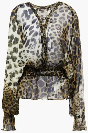 Roberto Cavalli Women Blouses - Embellished gathered leopard-print silk-chiffon blouse