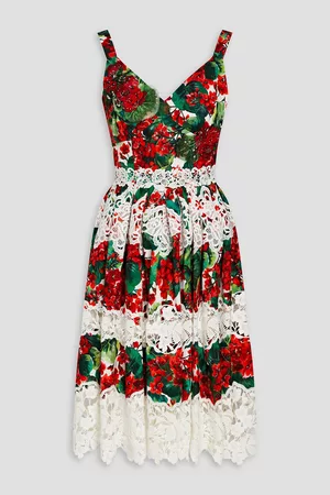 Dolce & Gabbana Women Printed Dresses - Crochet-trimmed floral-print cotton-blend poplin dress